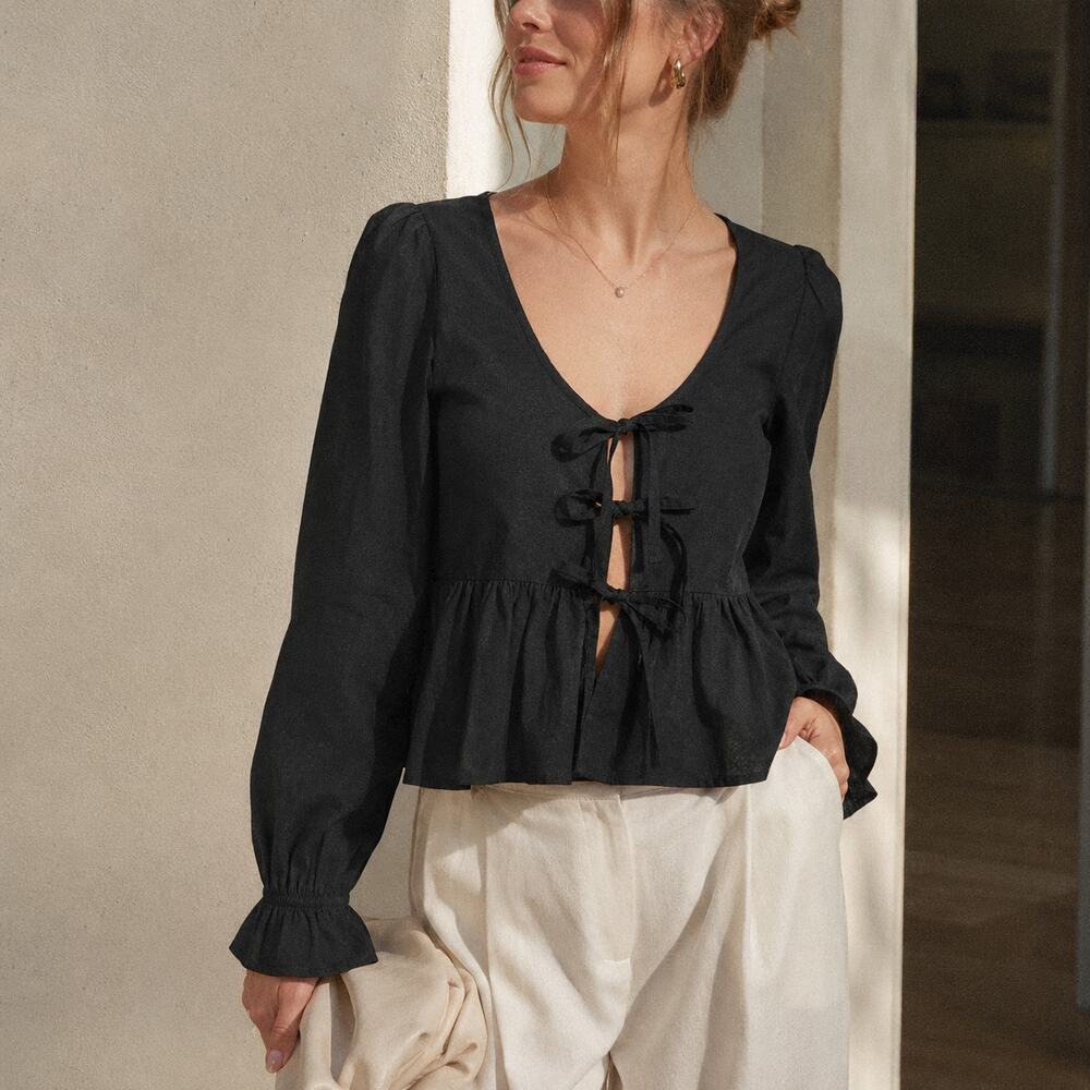 BP. Nordstrom Top Womens S Black Tie Front Scoop Neck Cotton Poplin Peplum NWT